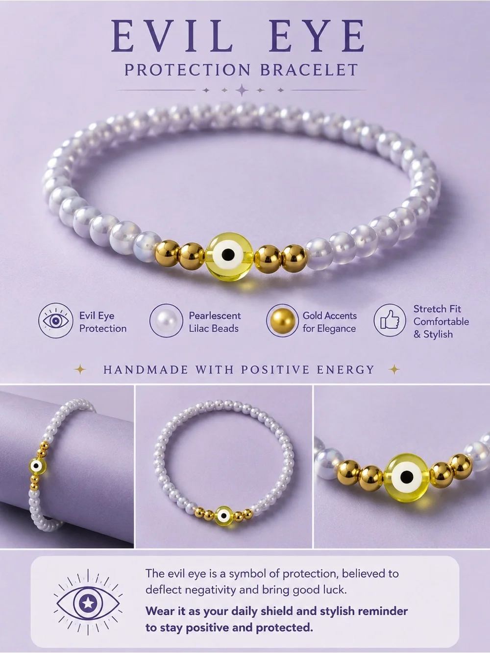 Evil Eye Protection Bracelet - Pearlescent Lilac with Gold Accents #04